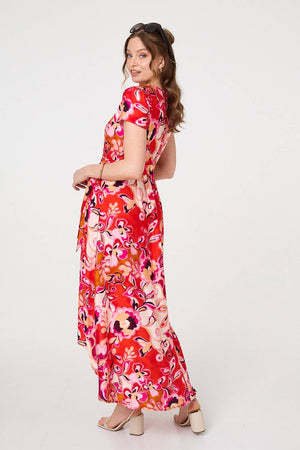 Red | Printed Short Sleeve Wrap Midi Dress
