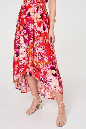 Red | Printed Short Sleeve Wrap Midi Dress
