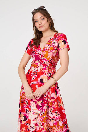 Red | Printed Short Sleeve Wrap Midi Dress

