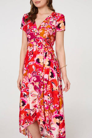 Red | Printed Short Sleeve Wrap Midi Dress
