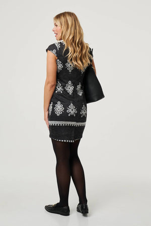 Black | Printed Cap Sleeve Slim Short Dress
