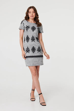 Grey | Printed Cap Sleeve Slim Short Dress
