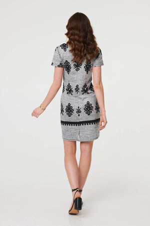 Grey | Printed Cap Sleeve Slim Short Dress
