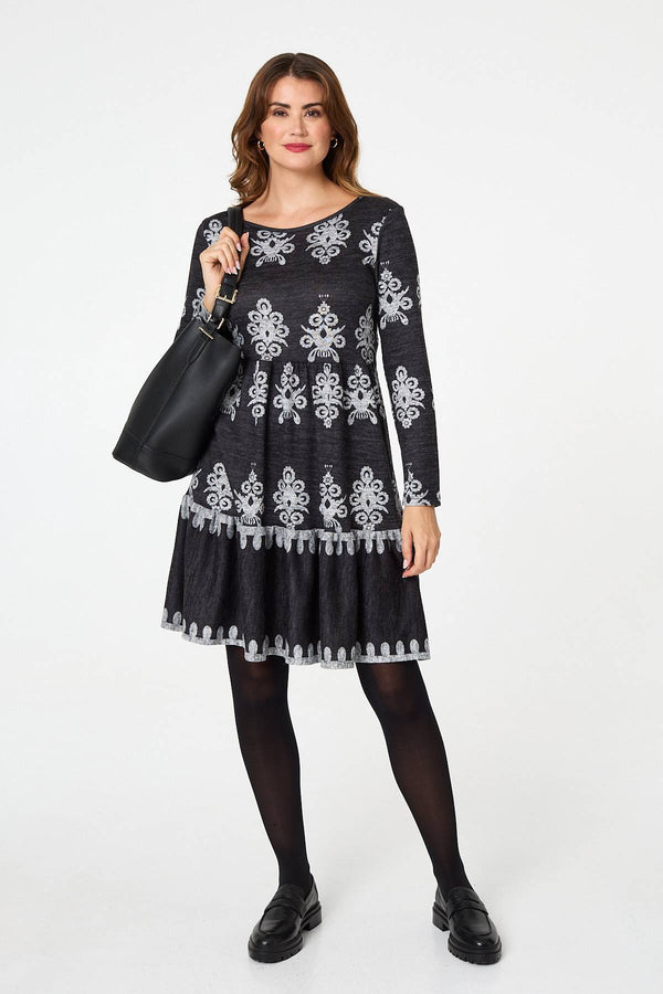 Grey | Printed Knee Length Long Sleeve Dress
