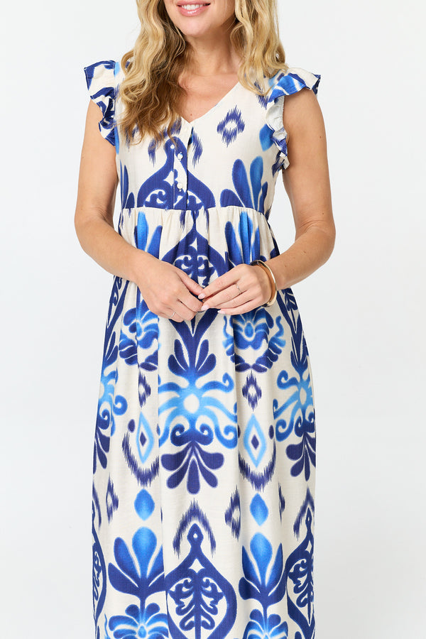 Blue | Printed Cap Sleeve Relaxed Maxi Dress