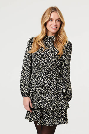 Black | Animal Print High Neck Short Dress
