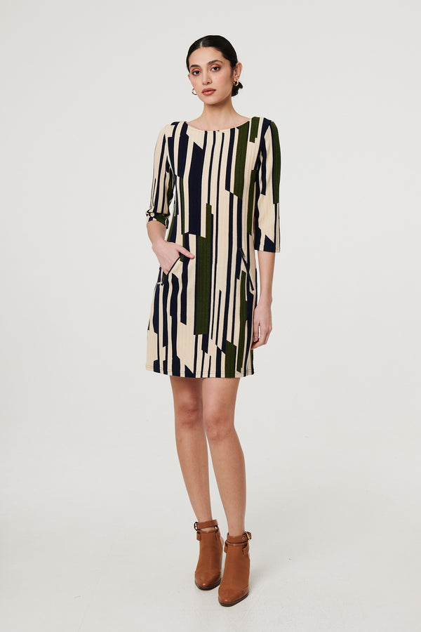 Green | Printed Stripe Texture Short Shift Dress
