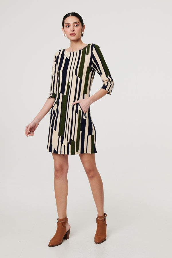 Green | Printed Stripe Texture Short Shift Dress
