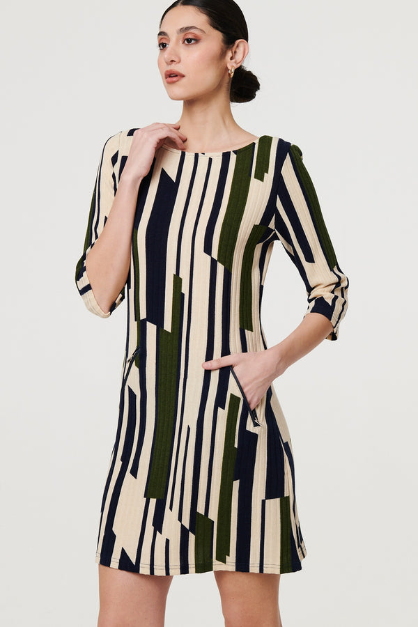 Green | Printed Stripe Texture Short Shift Dress
