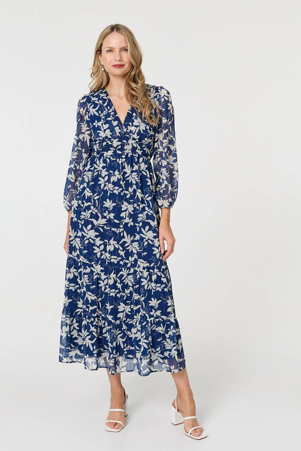 Navy | Leaf Print Sheer Layer Empire Maxi Dress
