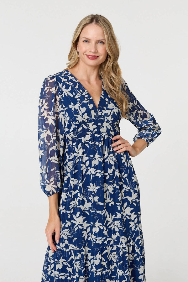 Navy | Leaf Print Sheer Layer Empire Maxi Dress
