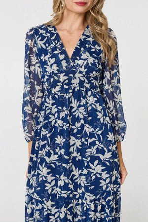 Navy | Leaf Print Sheer Layer Empire Maxi Dress
