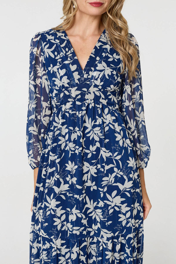 Navy | Leaf Print Sheer Layer Empire Maxi Dress
