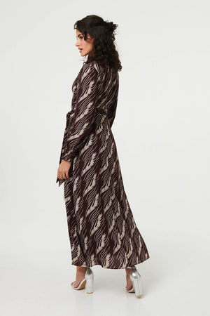 Brown | Printed Tie Waist Semi Sheer Maxi Dress
