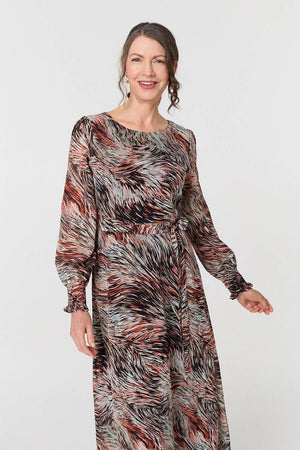 Orange | Printed Tie Waist Long Sleeve Maxi Dress
