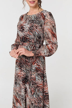 Orange | Printed Tie Waist Long Sleeve Maxi Dress
