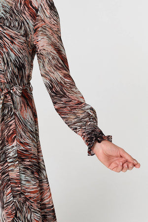 Orange | Printed Tie Waist Long Sleeve Maxi Dress
