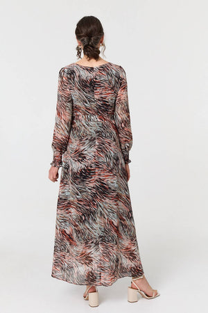 Orange | Printed Tie Waist Long Sleeve Maxi Dress
