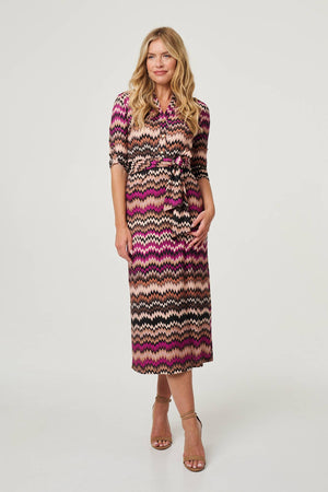 Purple | Chevron Print Tie Waist Midi Shirt Dress: Model is 5'10