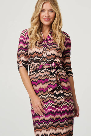 Purple | Chevron Print Tie Waist Midi Shirt Dress
