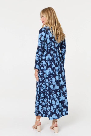 Blue | Floral Long Sleeve Jersey Maxi Dress
