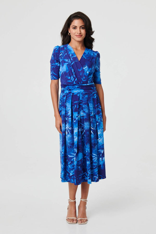 Blue | Printed 1/2 Sleeve Wrap Midi Dress
