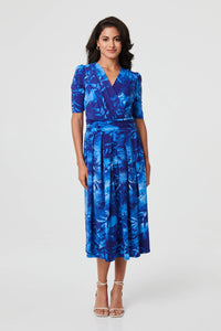 Blue | Printed 1/2 Sleeve Wrap Midi Dress
