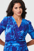 Blue | Printed 1/2 Sleeve Wrap Midi Dress
