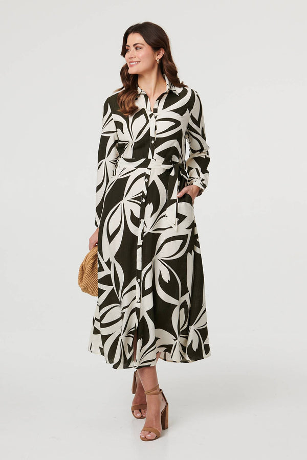 Khaki | Abstract Floral Maxi Shirt Dress