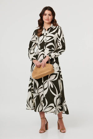 Khaki | Abstract Floral Maxi Shirt Dress : Model is 5'9