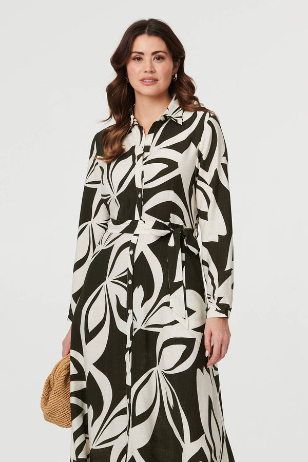 Khaki | Abstract Floral Maxi Shirt Dress