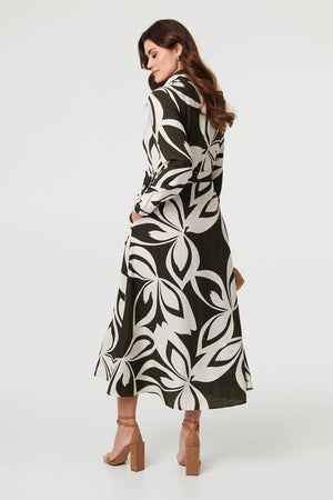 Khaki | Abstract Floral Maxi Shirt Dress