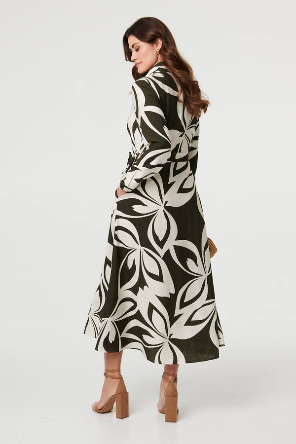 Khaki | Abstract Floral Maxi Shirt Dress