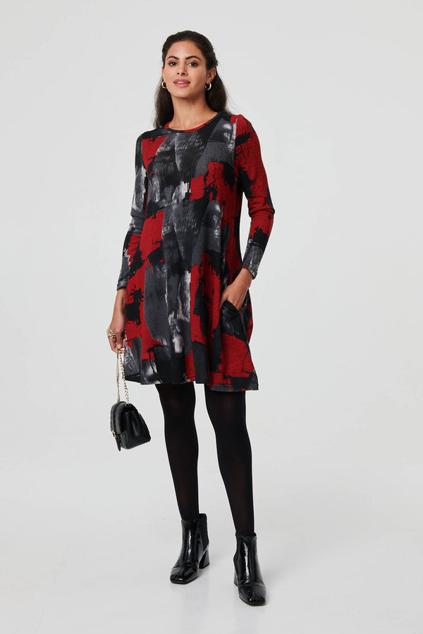 Red | Printed Long Sleeve Short Shift Dress
