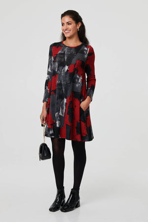 Red | Printed Long Sleeve Short Shift Dress
