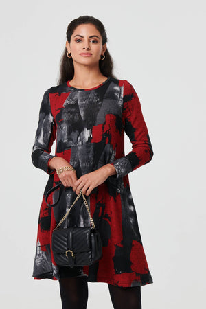 Red | Printed Long Sleeve Short Shift Dress
