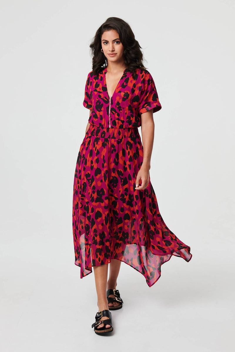 Animal Print Zip Hanky Hem Midi Dress | Izabel London Animal Print Zip Hanky Hem Midi Dress | Izabel London