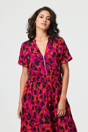 Purple | Animal Print Zip Hanky Hem Midi Dress
