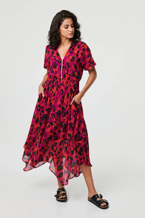 Purple | Animal Print Zip Hanky Hem Midi Dress
