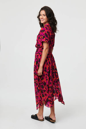 Purple | Animal Print Zip Hanky Hem Midi Dress
