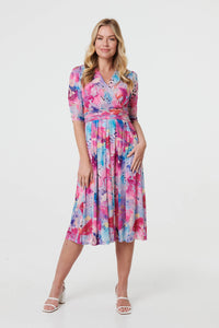 Pink | Abstract 3/4 Sleeve Midi Wrap Dress
