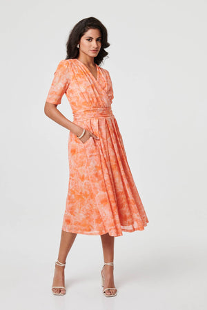 Orange | Printed 3/4 Sleeve Ruched Midi Dress
