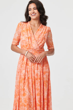 Orange | Printed 3/4 Sleeve Ruched Midi Dress
