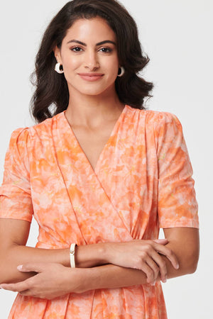 Orange | Printed 3/4 Sleeve Ruched Midi Dress
