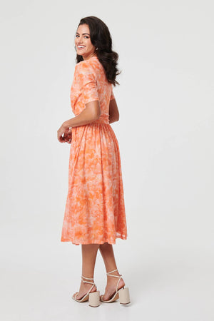 Orange | Printed 3/4 Sleeve Ruched Midi Dress
