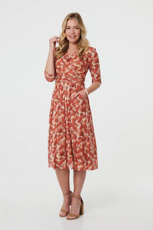 Red | Printed 3/4 Sleeve Midi Faux Wrap Dress
