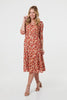 Red | Printed 3/4 Sleeve Midi Faux Wrap Dress
