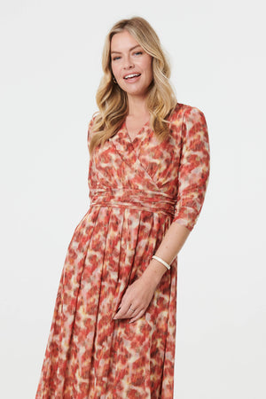 Red | Printed 3/4 Sleeve Midi Faux Wrap Dress
