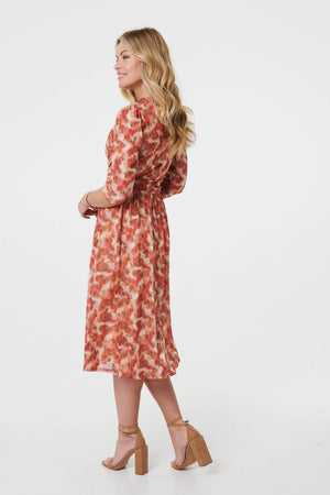 Red | Printed 3/4 Sleeve Midi Faux Wrap Dress
