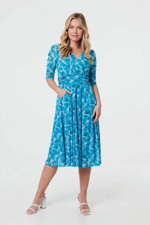 Teal | Printed 3/4 Sleeve Midi Faux Wrap Dress

